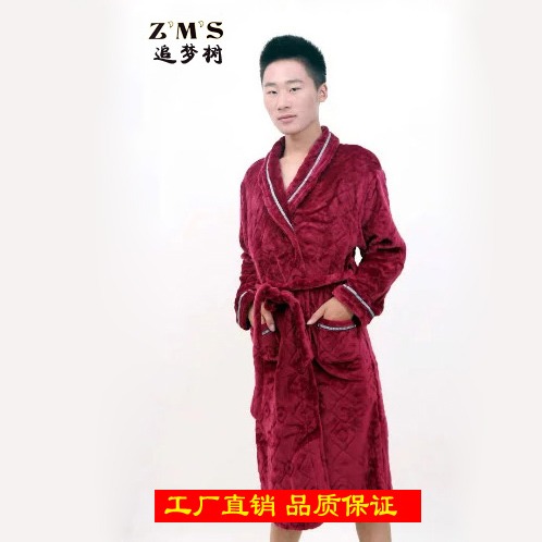 【追梦树】男士睡袍 秋冬加长加厚 珊瑚绒 法兰绒睡袍 保暖 中长睡衣  